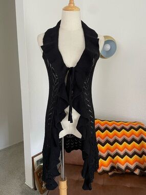 Y2K BCBGMaxAzria Boho Festival Ruffle Crochet Knit Long Sleeveless Cardigan
